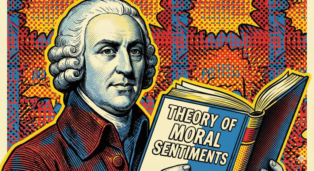 Retrato grabado de Adam Smith del siglo XVIII sosteniendo un libro de filosofía moral