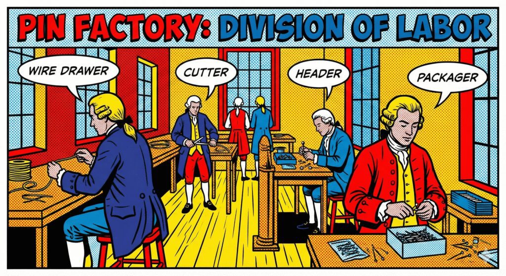 Ilustración histórica de una fábrica de alfileres mostrando la división del trabajo