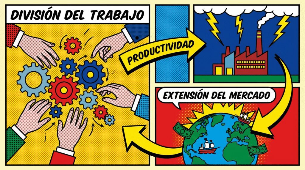 Diagrama de flujo mostrando la relación entre división del trabajo, productividad y extensión del mercado