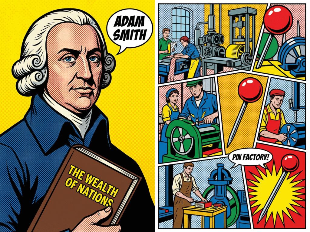 Retrato de Adam Smith junto a una ilustración de una fábrica de alfileres del siglo XVIII