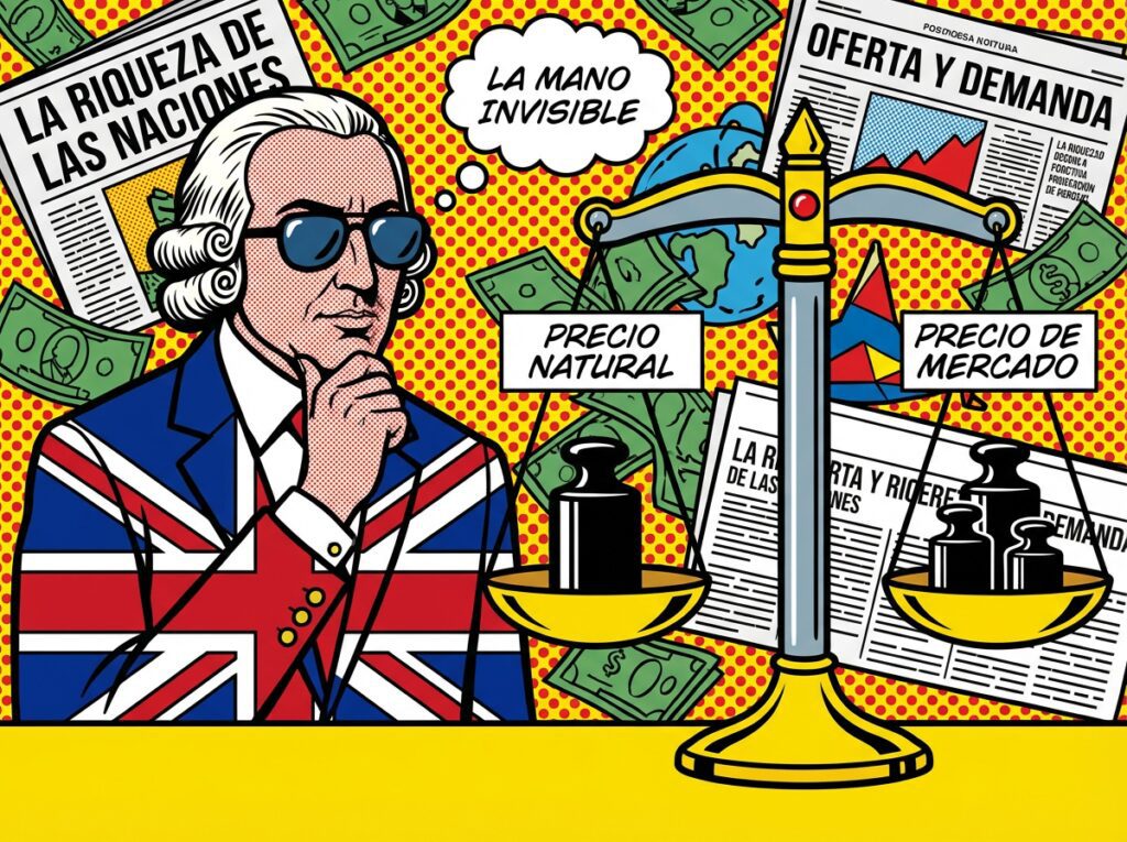 Ilustración conceptual de Adam Smith observando una balanza equilibrada entre el precio natural y el precio de mercado.
