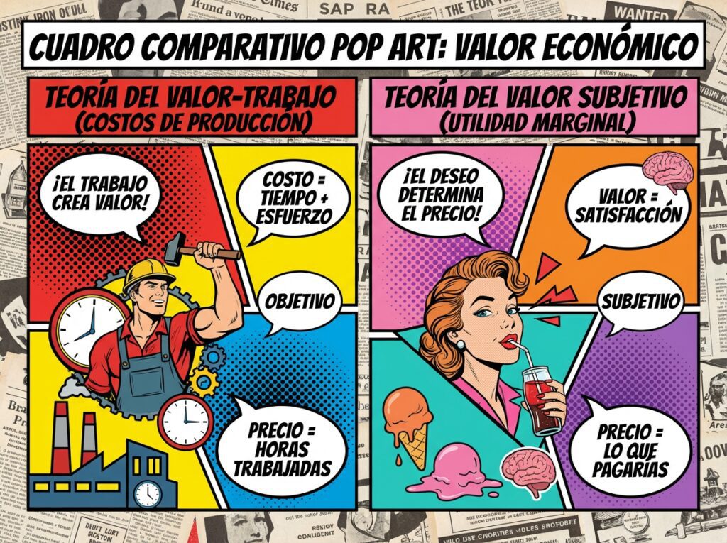 Cuadro comparativo entre la teoría del valor-trabajo (costos de producción) y la teoría del valor subjetivo (utilidad marginal)