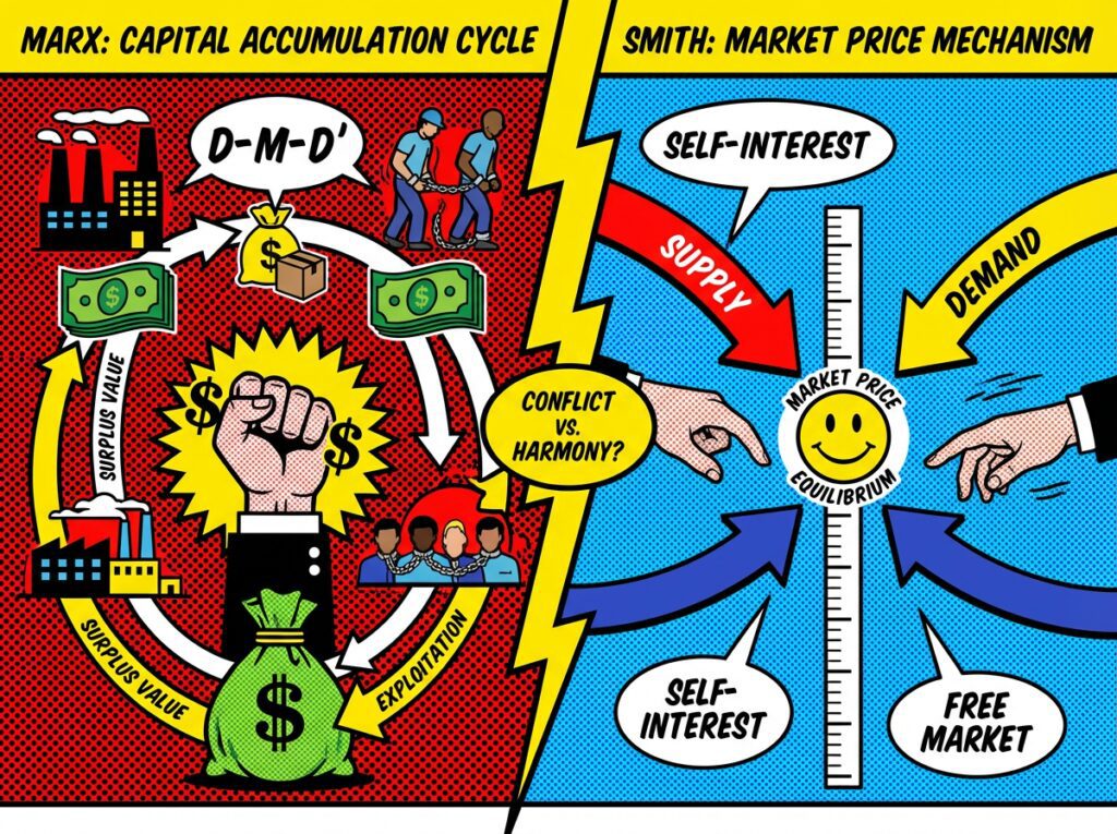 Diagrama de flujo que explica el ciclo de acumulación de capital de Marx contrastado con el mecanismo de asignación de precios de mercado de Smith