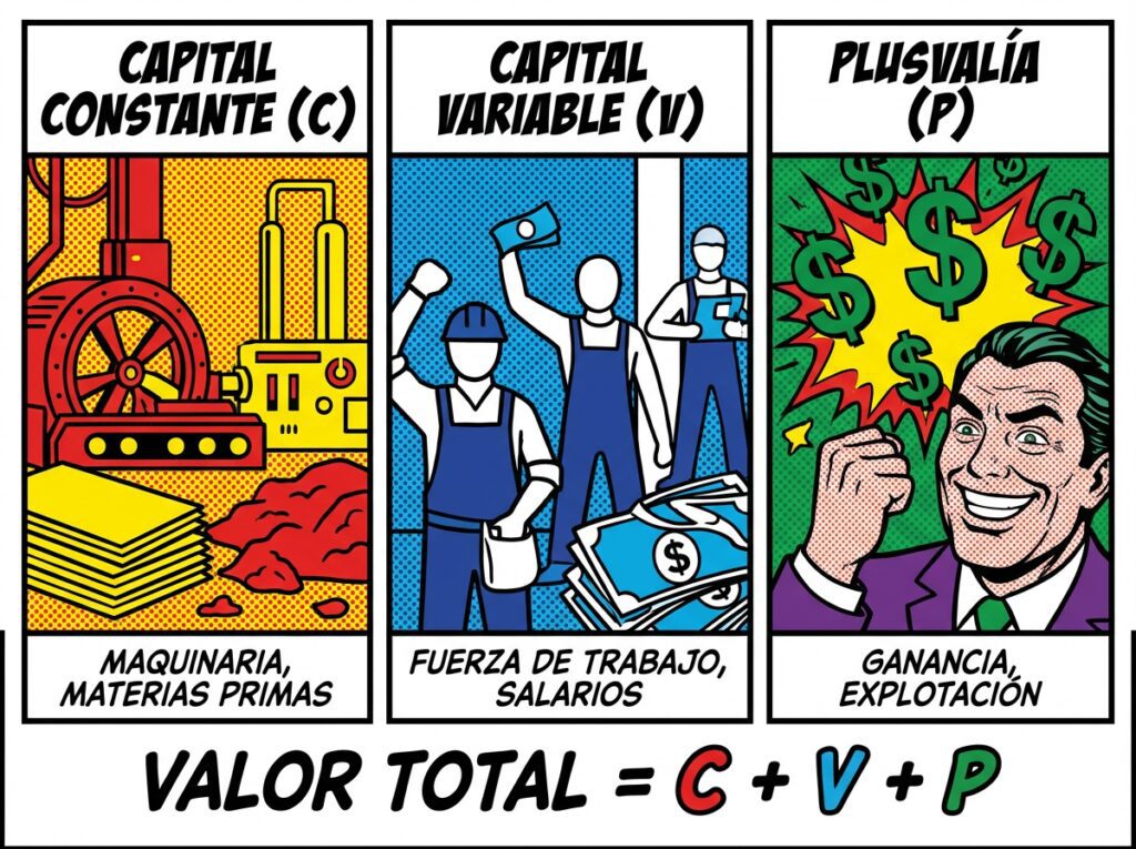 Diagrama de la composición del valor de una mercancía capital constante, capital variable y plusvalía según la teoría marxista