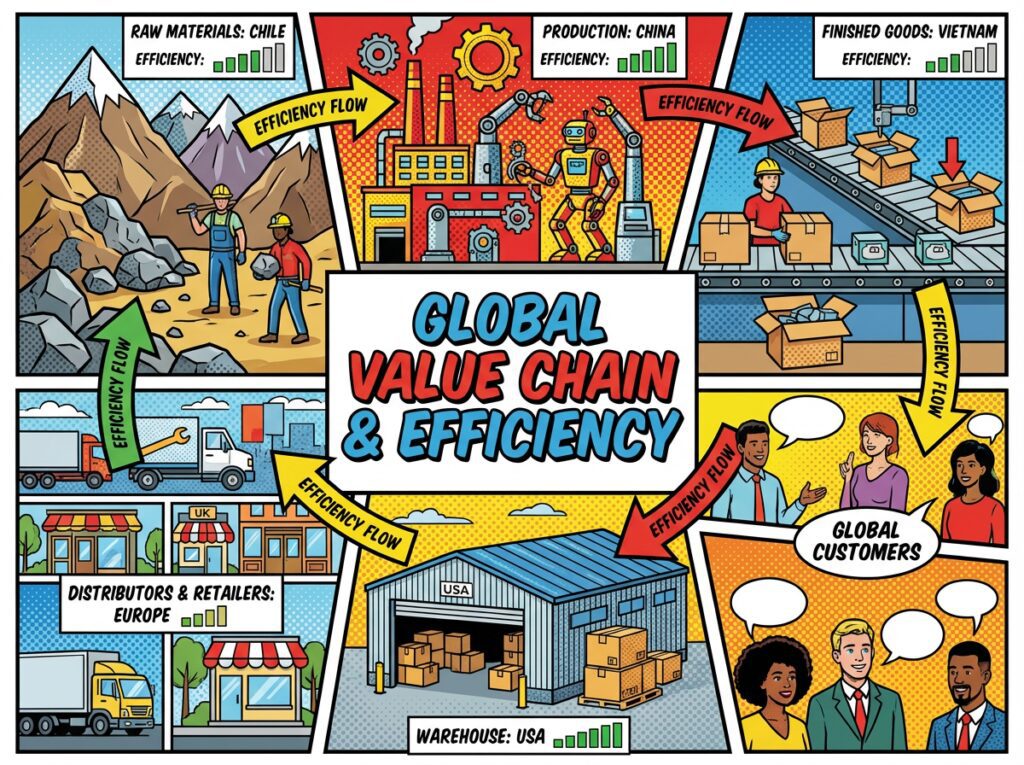Diagrama de una cadena global de valor mostrando etapas de producción distribuidas por eficiencia en diferentes países.