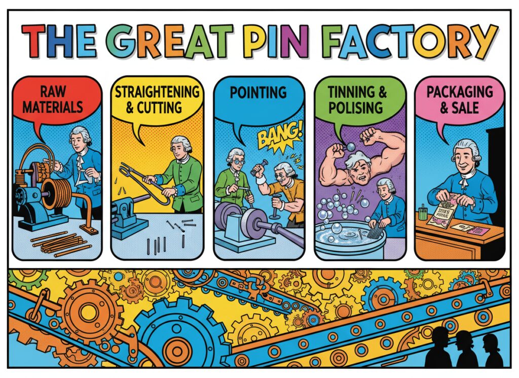 División del Trabajo - Diagrama de una fábrica de alfileres del siglo XVIII