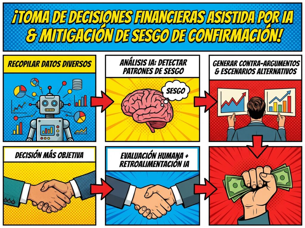 Diagrama del proceso de toma de decisiones financieras asistido por IA para mitigar el sesgo de confirmación