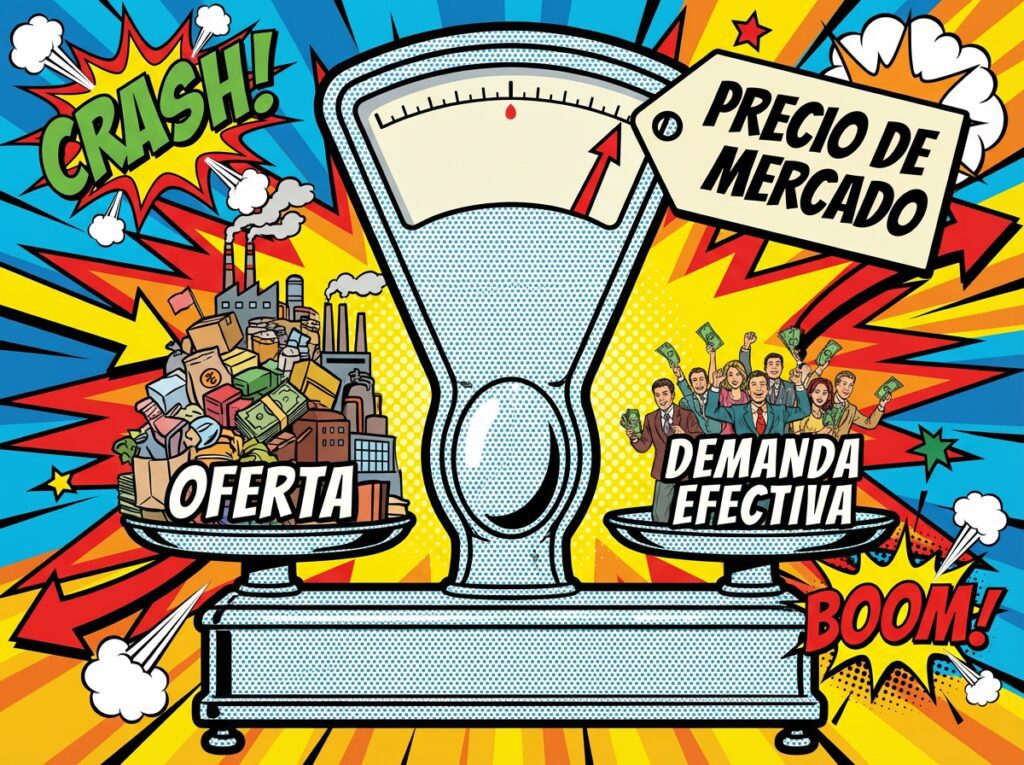 Balanza de Oferta y Demanda: "Ilustración de una balanza antigua pesando la oferta contra la demanda efectiva para determinar el precio de mercado."