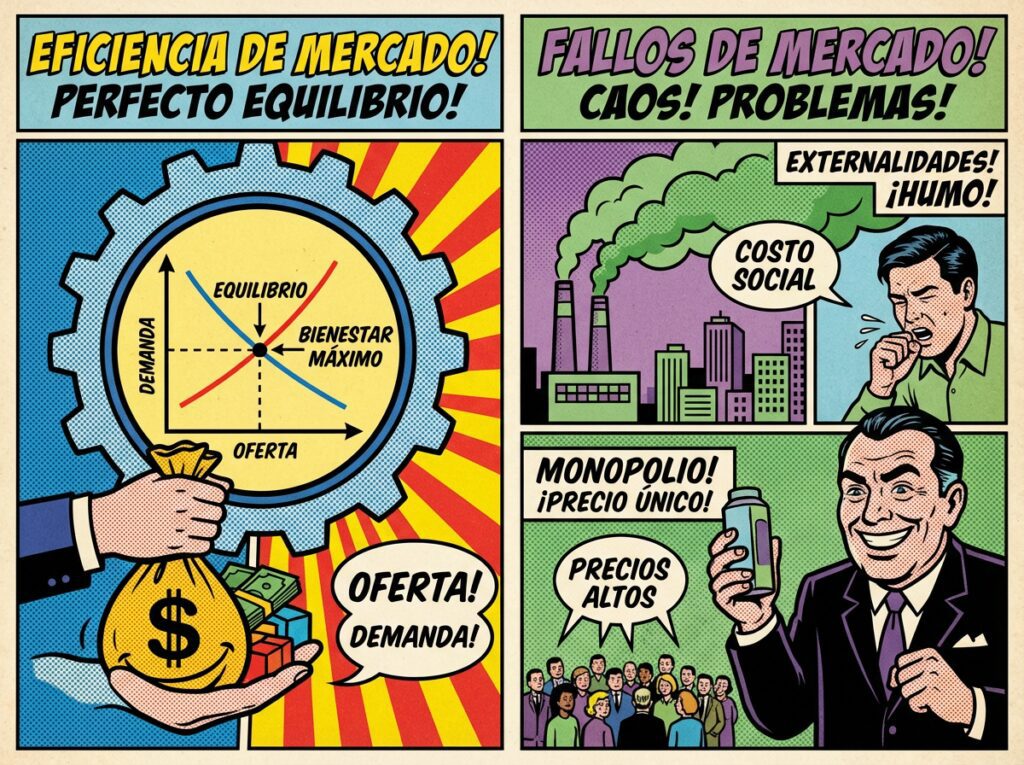 Comparativa gráfica de eficiencia de mercado vs fallos de mercado como externalidades y monopolios.