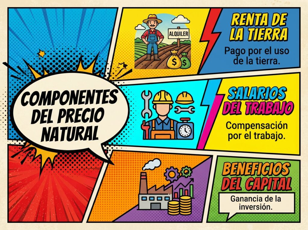 Componentes del Precio: "Infografía detallando los tres componentes del precio natural: Renta de la tierra, Salarios del trabajo y Beneficios del capital."