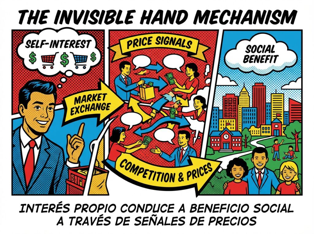 Diagrama explicando el mecanismo de la mano invisible: interés propio conduce a beneficio social a través de señales de precios.