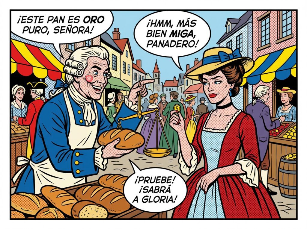 Representación artística de un mercado del siglo XVIII mostrando al panadero y al cliente en un intercambio de "persuasión" amistosa.