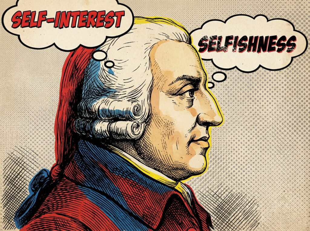 Retrato clásico de Adam Smith en perfil pensando en el Interés Propio vs. Egoísmo