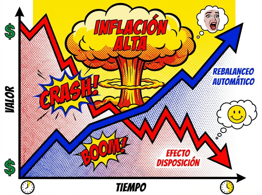 Gráfico de líneas comparando el rendimiento de una cartera con rebalanceo automático frente al efecto disposición en un entorno de inflación alta.