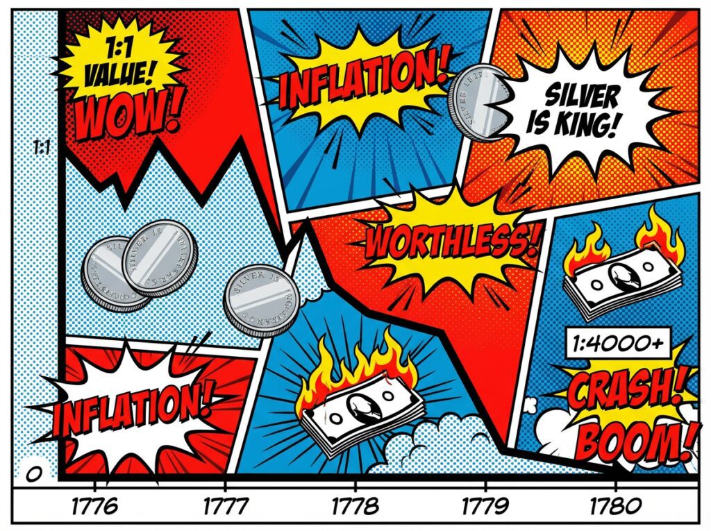 Gráfico lineal que muestra la depreciación del valor del Continental Dollar frente a la plata entre 1776 y 1780 debido a la inflación.