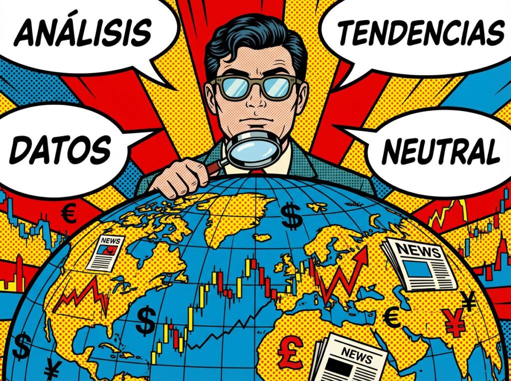 Ilustración conceptual de un espectador imparcial observando el mercado de valores global desde una perspectiva neutral y analítica