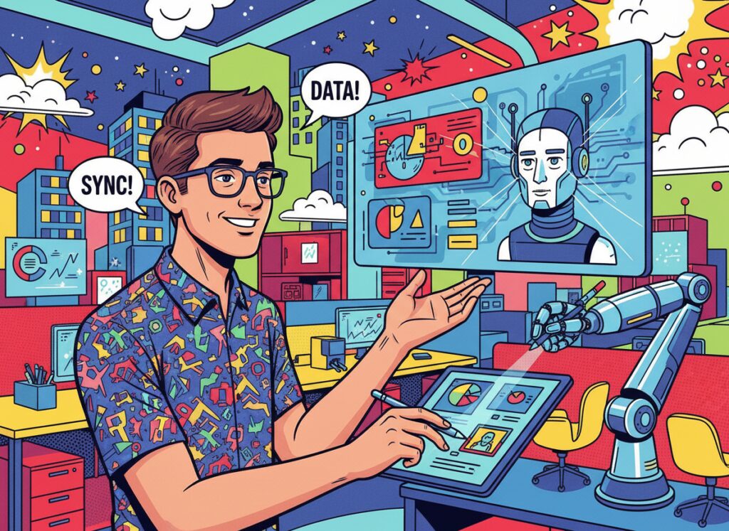 Ilustración de un trabajador digital colaborando con inteligencia artificial en un entorno de oficina moderna