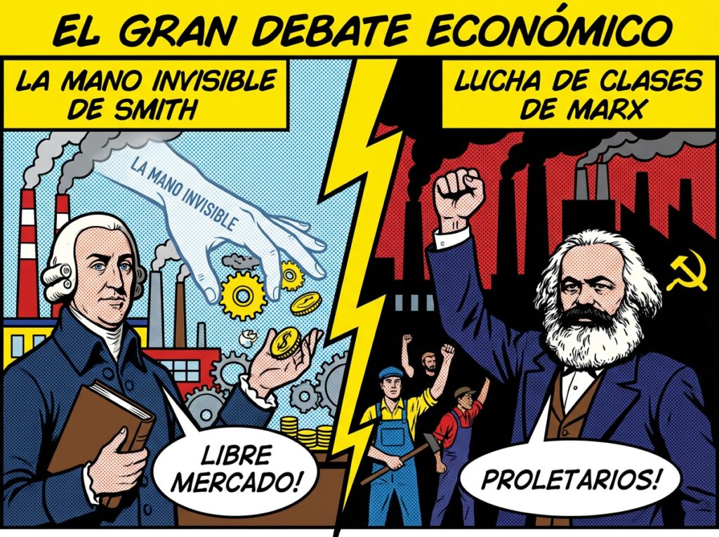Ilustración dividida mostrando a Adam Smith y Karl Marx frente a frente, con símbolos de la 'mano invisible' y fábricas industriales de fondo, representando el debate económico clásico.