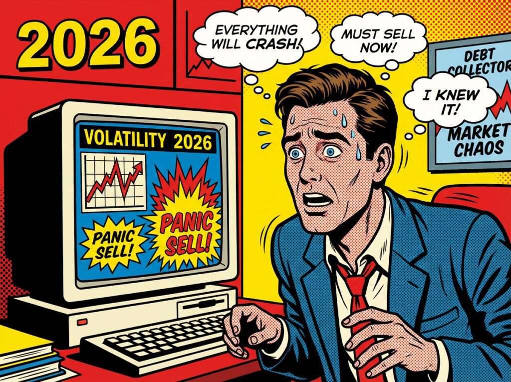 Inversor analizando gráficos de volatilidad en 2026 afectado por sesgos de psicología económica y estrés financiero.