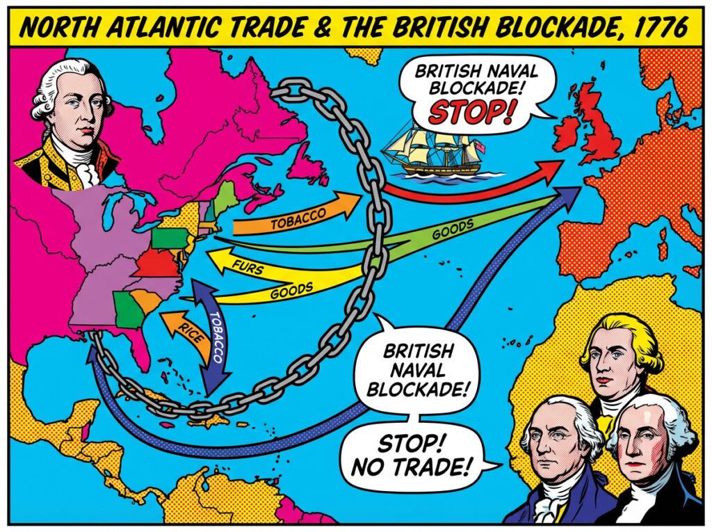 Mapa de las rutas comerciales del Atlántico norte y las Trece Colonias en 1776 mostrando el bloqueo naval británico.