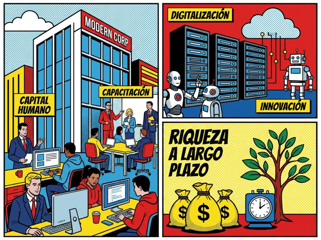 Representación de una empresa moderna invirtiendo en capital humano y digitalización como estrategia de acumulación de riqueza a largo plazo
