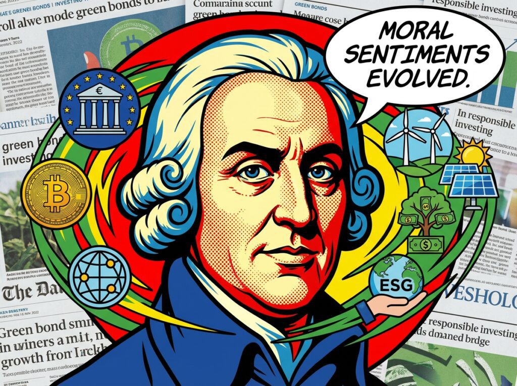 Retrato estilizado de Adam Smith junto a símbolos modernos de banca central y finanzas sostenibles, representando la evolución de la teoría moral