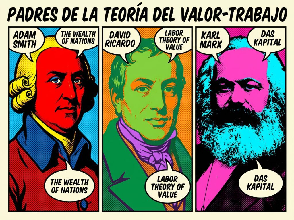 Retratos de Adam Smith, David Ricardo y Karl Marx, padres de la teoría del valor-trabajo en la economía clásica
