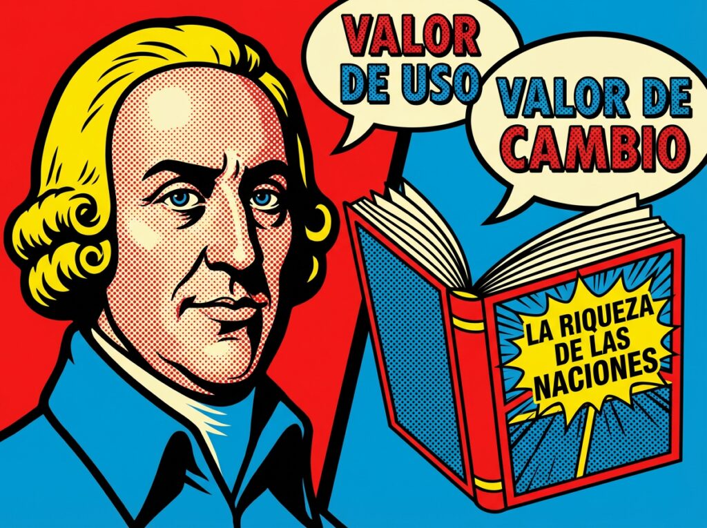 Retrato de Adam Smith junto a una edición de La Riqueza de las Naciones, obra donde se formuló la distinción entre valor de uso y valor de cambio