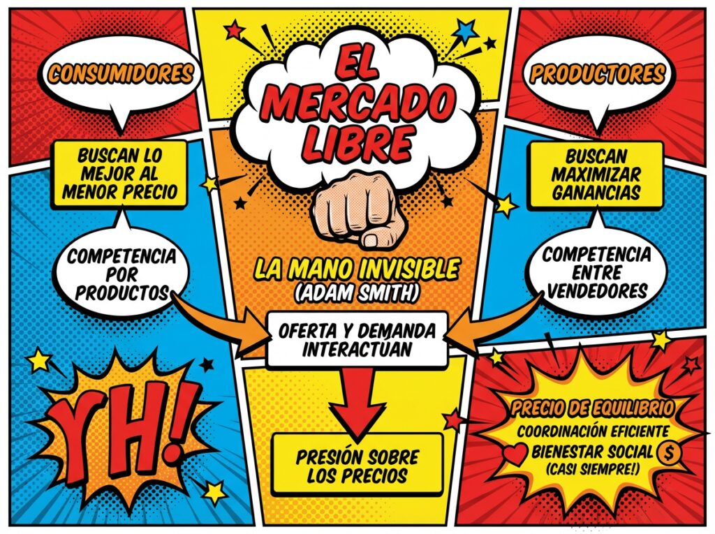Diagrama de flujo que explica el concepto de la mano invisible y la coordinación de precios en un mercado libre