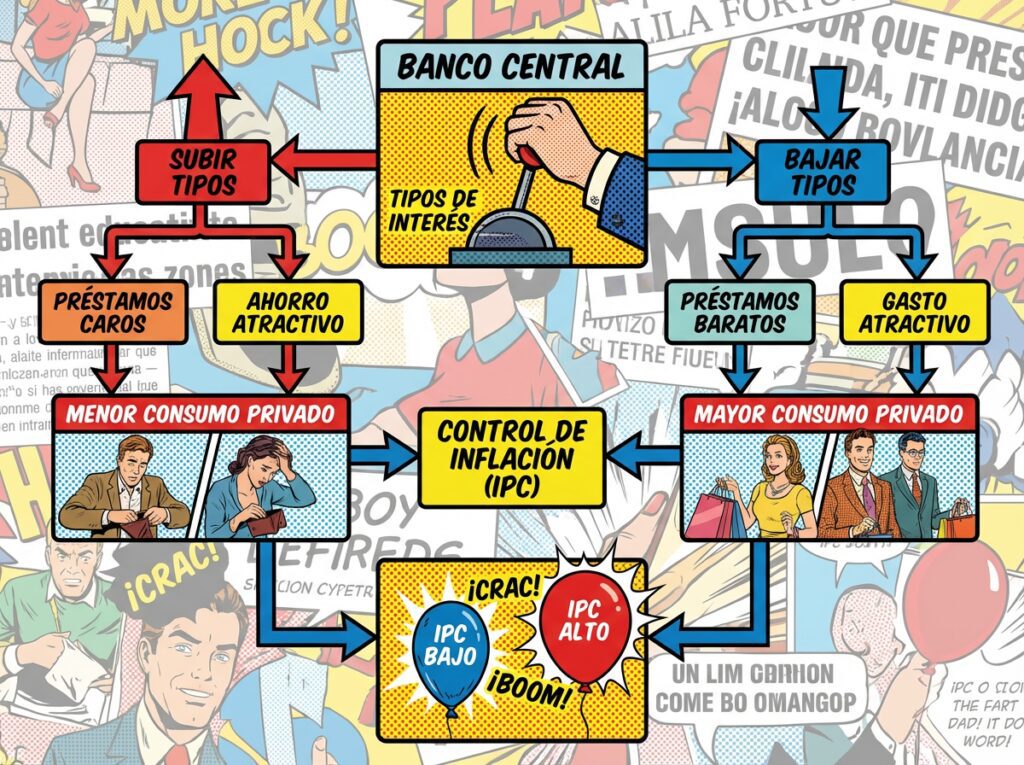 Diagrama de flujo mostrando la interacción entre los tipos de interés de los bancos centrales, el consumo privado y el control de la inflación (IPC)