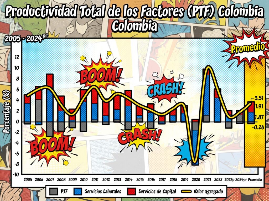 Gráfico comparativo de la Productividad Total de los Factores (PTF) en Colombia. Fuente DANE