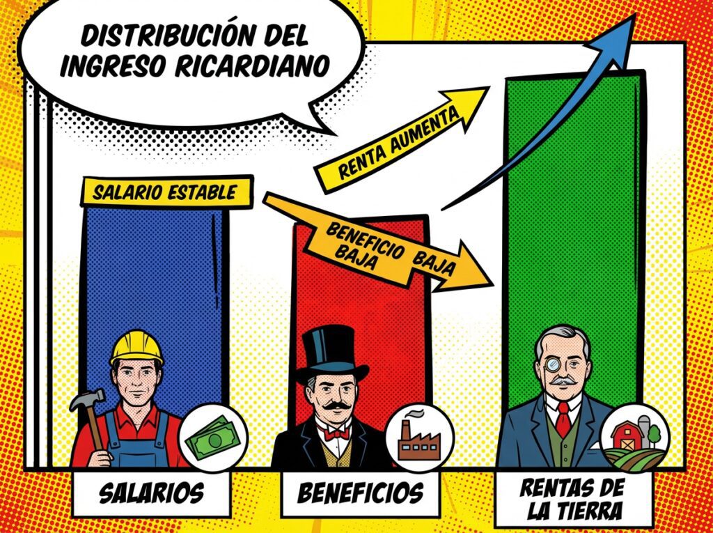 Gráfico de distribución del ingreso mostrando la relación entre salarios, beneficios y rentas de la tierra según el modelo ricardiano.