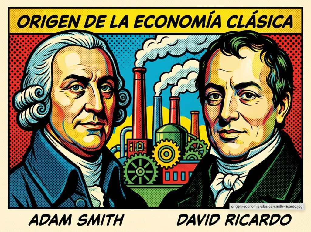 Retrato ilustrado de Adam Smith y David Ricardo con una fábrica de la Revolución Industrial de fondo, representando el origen de la economía clásica.