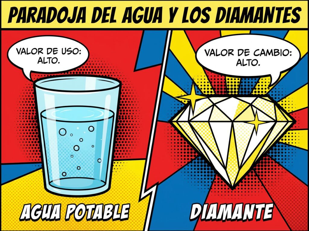 Vaso de agua potable contrastado con un diamante brillante, ilustrando la paradoja del agua y los diamantes en la teoría económica clásica