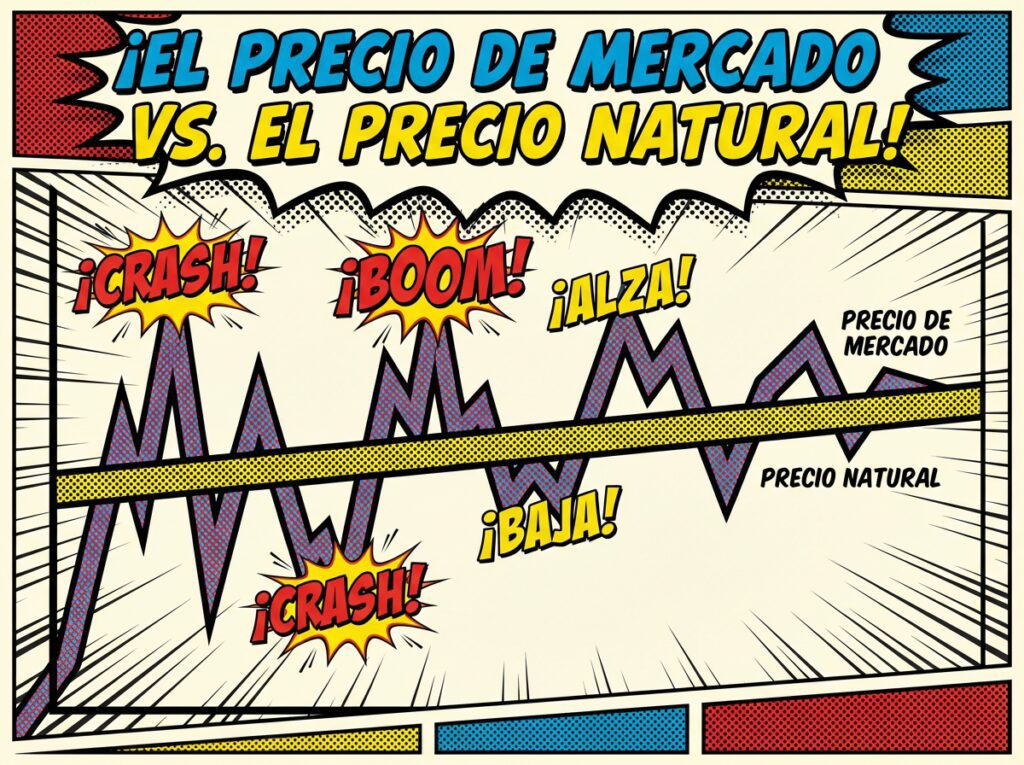 Gráfico de líneas mostrando cómo el precio de mercado fluctúa y tiende a converger hacia la línea recta del precio natural a largo plazo.