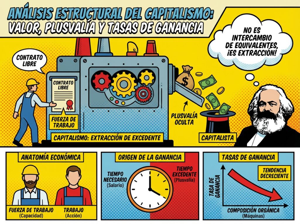 La anatomía económica de Marx se basa en la distinción crítica entre "fuerza de trabajo" y "trabajo", siendo esta la llave maestra para entender el origen de la ganancia. El capitalismo no es un sistema de intercambio de equivalentes, sino un sistema de extracción de excedente oculto bajo la forma jurídica de un contrato libre.