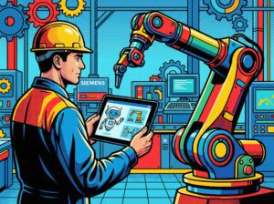 Técnico industrial utilizando asistente de IA Generativa para mantenimiento en fábrica inteligente