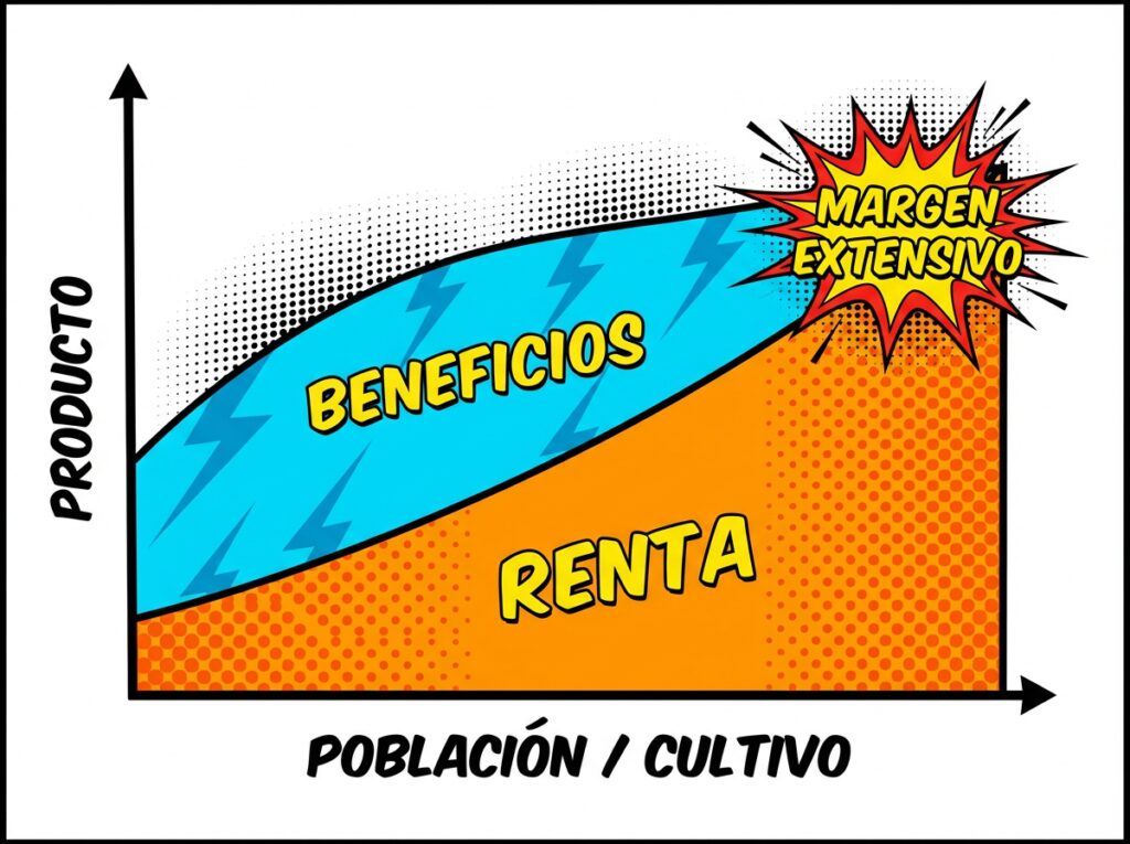 Gráfico de áreas apiladas mostrando la relación inversa entre beneficios empresariales y renta de la tierra a medida que aumenta la producción agrícola.