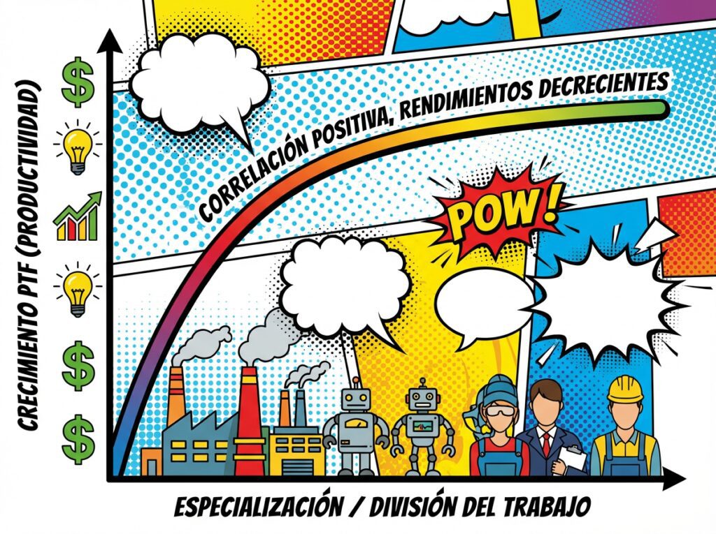 Gráfico comparativo conceptual: Eje X mostrando grado de especialización/división del trabajo, Eje Y mostrando crecimiento de la Productividad Total de los Factores (PTF), ilustrando la correlación positiva con rendimientos decrecientes.