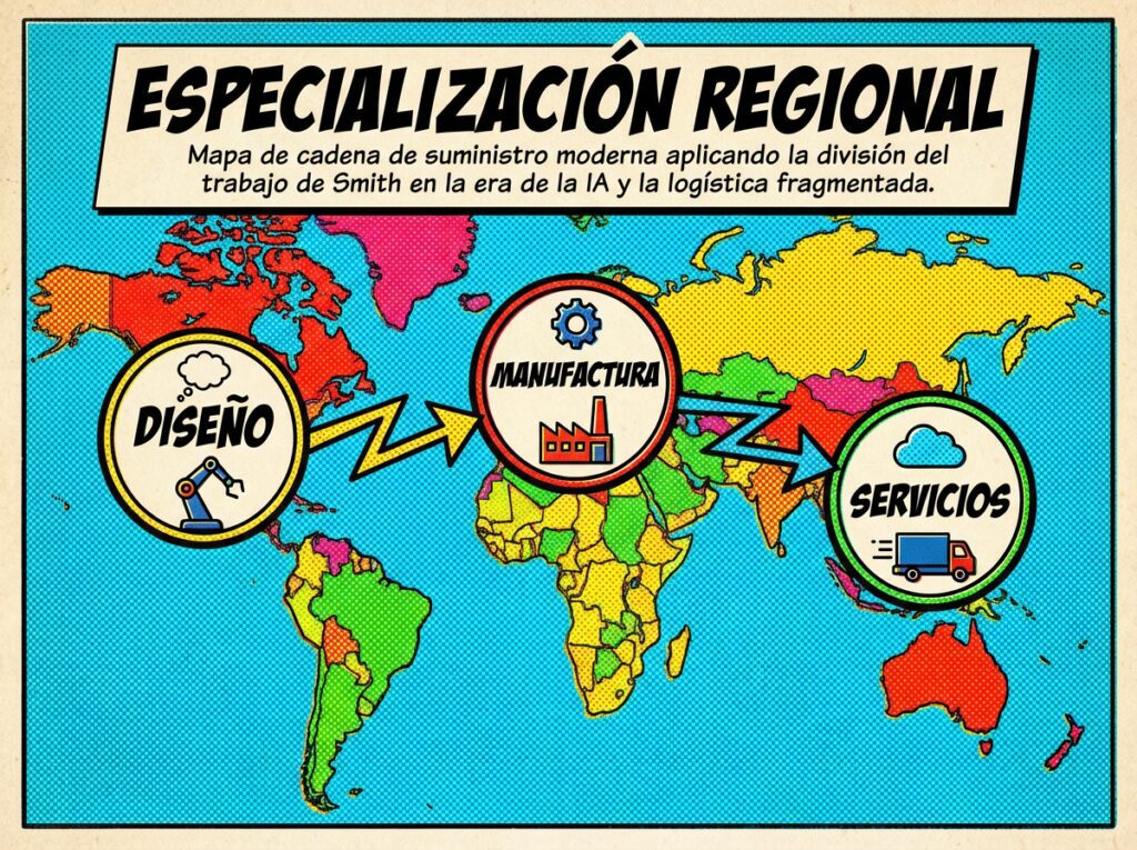 Mapa de cadena de suministro moderna aplicando la división del trabajo de Smith en la era de la IA y la logística fragmentada