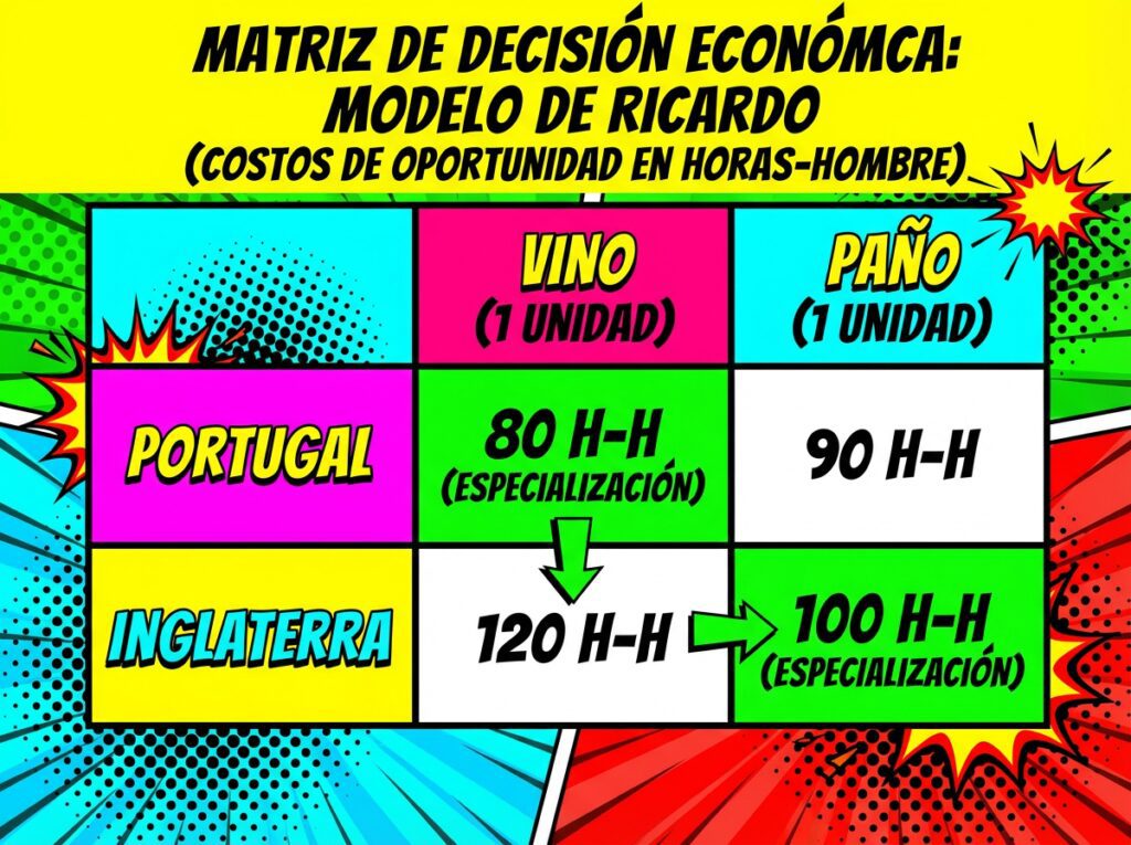 Matriz de decisión económica comparando costos de oportunidad de producción de vino y paño entre Portugal e Inglaterra según el modelo de Ricardo.