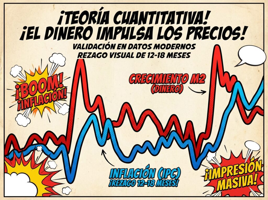 Gráfico de líneas superpuestas mostrando el crecimiento de la oferta monetaria (M2) y la inflación (IPC) con un rezago de 12-18 meses, validando la teoría cuantitativa clásica en datos modernos