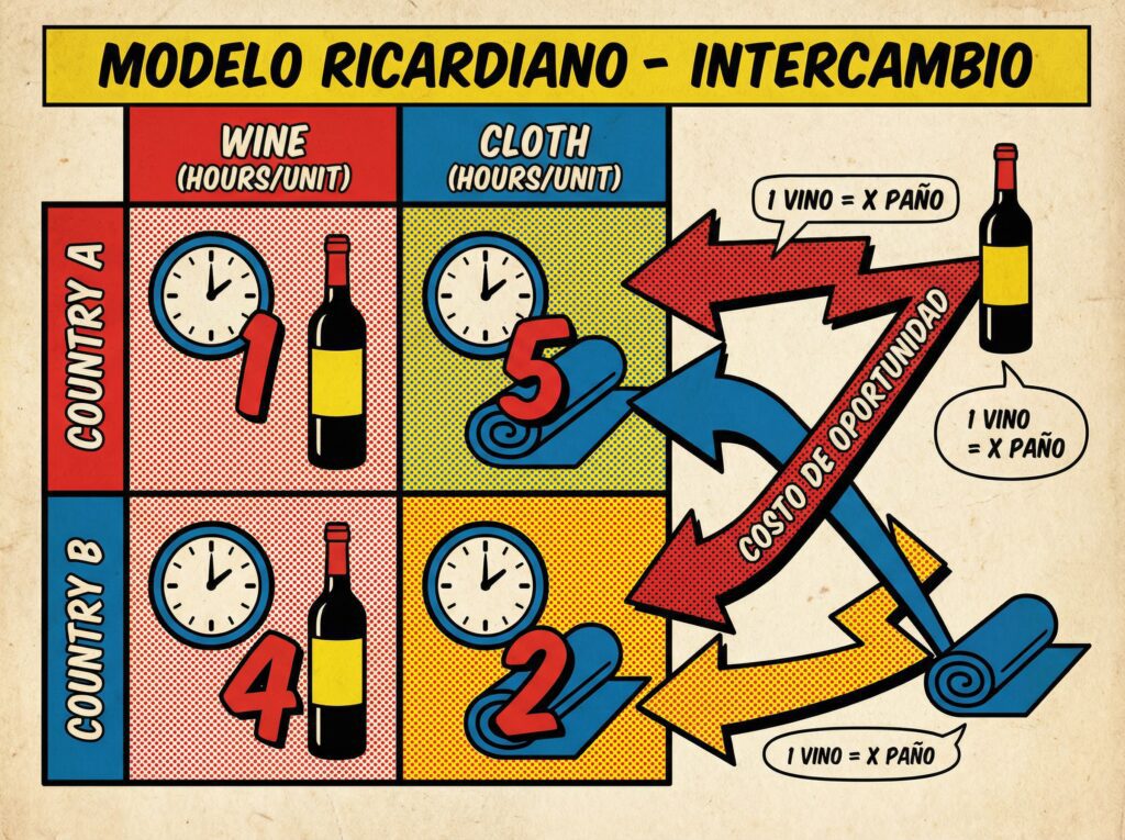 Infografía del ejemplo de Ricardo: vino y paño con costos de oportunidad