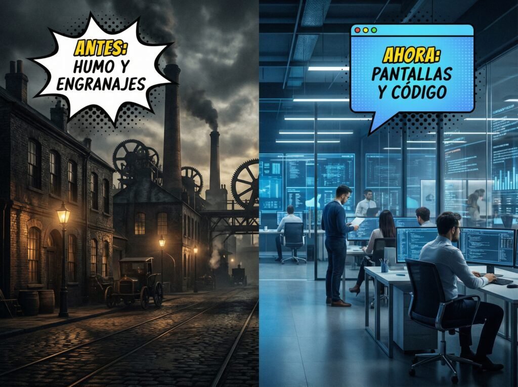 Contraste visual entre trabajadores de la Revolución Industrial y la era del capitalismo digital moderno