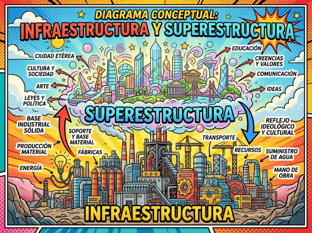 Diagrama conceptual que muestra una base industrial sólida sosteniendo una ciudad etérea, representando la infraestructura y la superestructura.