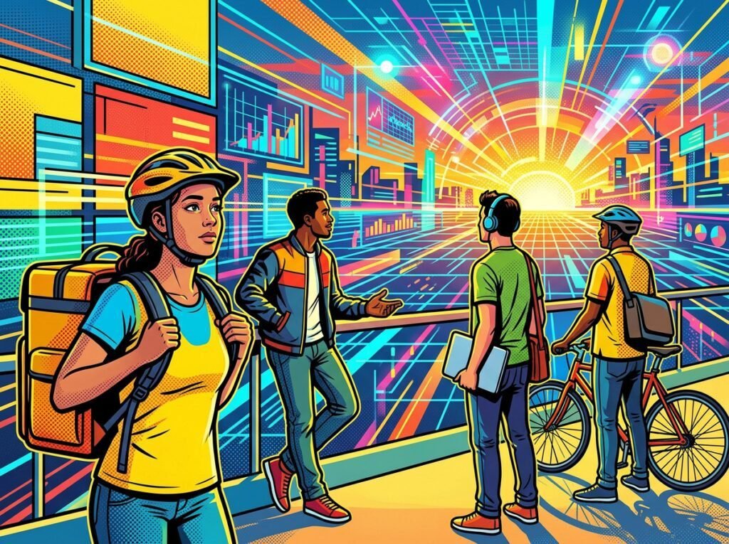 Grupo de trabajadores modernos de la economía de plataformas mirando hacia un horizonte digital