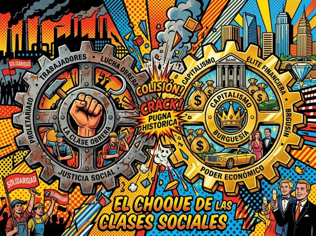 Ilustración conceptual de dos engranajes metálicos masivos que representan el choque de las clases sociales.