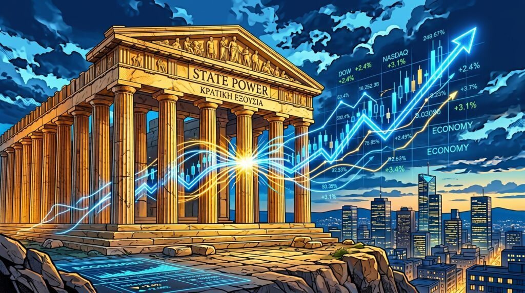 Ilustración conceptual que muestra la unión entre el poder del Estado y los mercados económicos globales