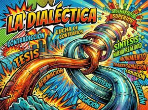 Representación abstracta de la dialéctica mediante flujos metálicos en contraste que se entrelazan y suben en espiral