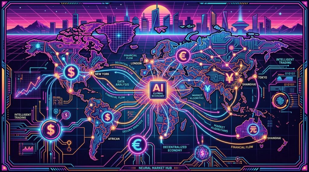 Representación digital de redes neuronales e inteligencia artificial influyendo en la economía mundial
